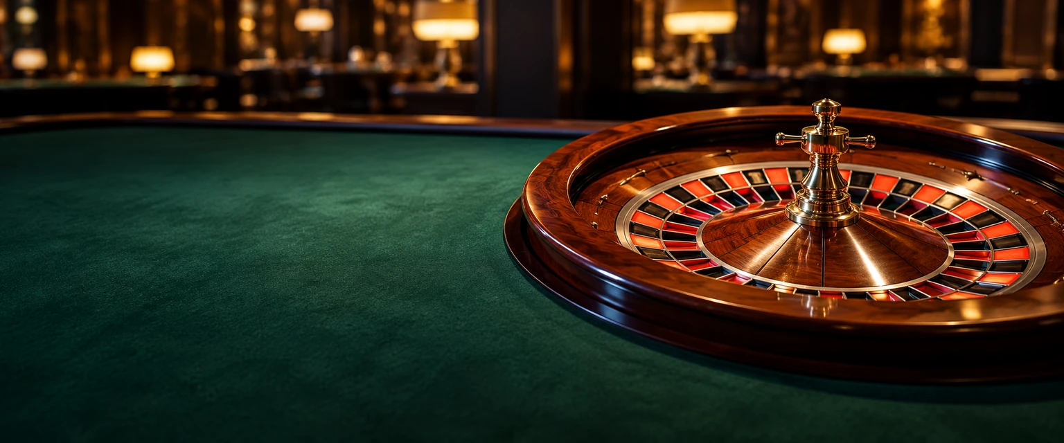 Ruleta de madera y latón sobre una mesa de paño verde
